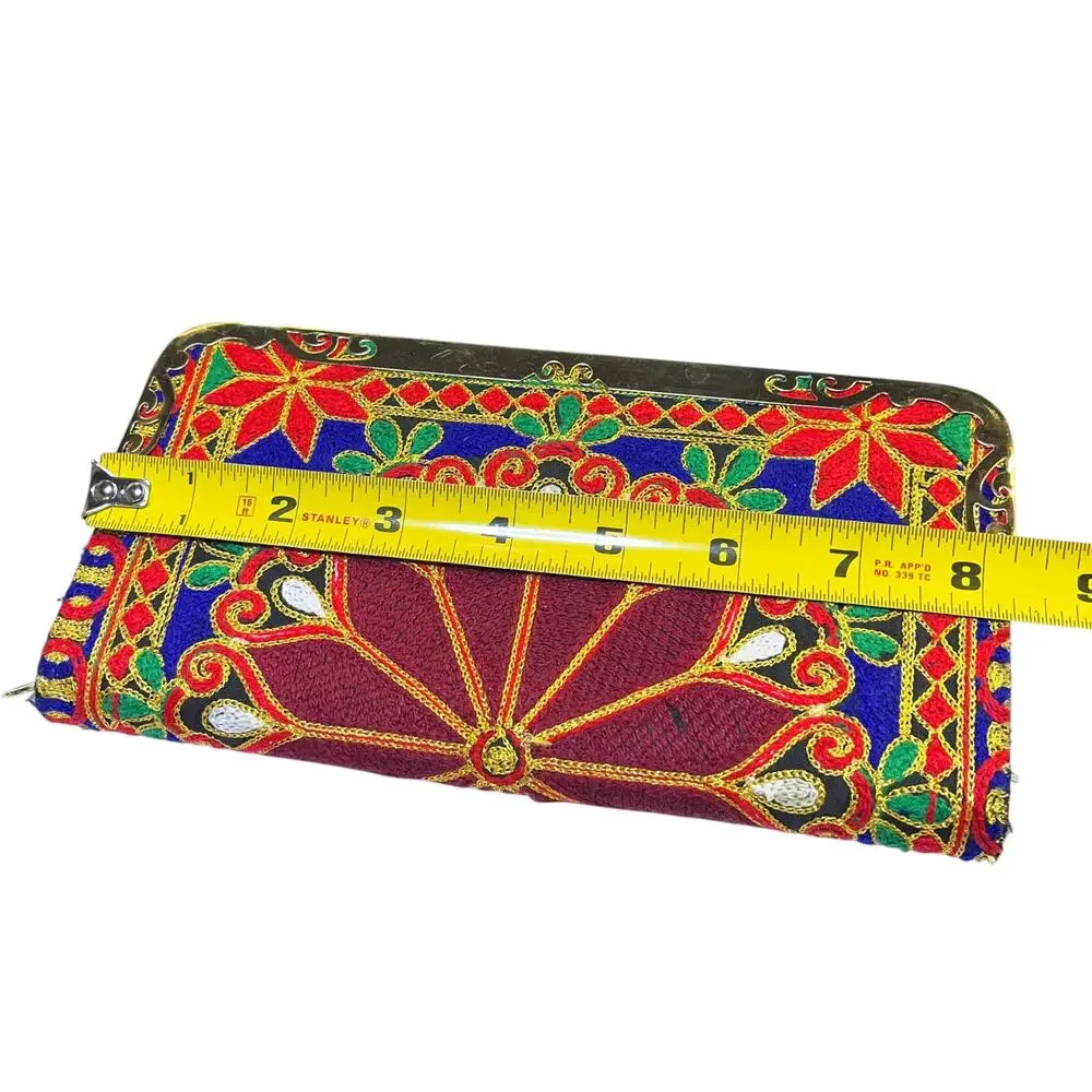 Boho Multicolor Chain Stitch Embroidered Zip Around Wallet Clutch